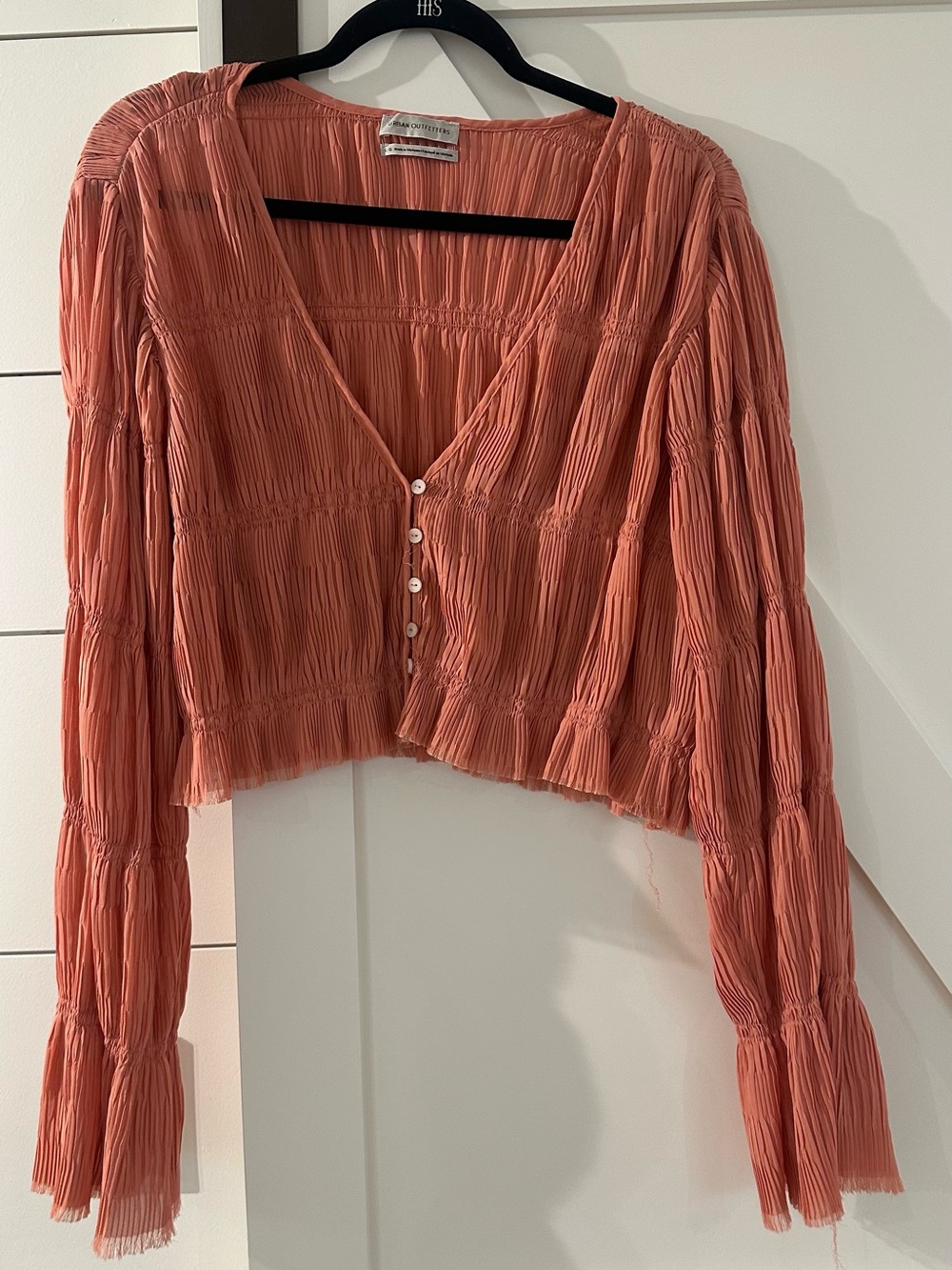 Urban Outfitters Coral Pink Smocked Button-Front Cropped Top